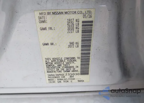 2016 Nissan Altima 2.5/2.5 S/2.5 Sl/2.5 Sr/2.5 Sv из США, поврежденный, VIN 1N4AL3APXGC235030